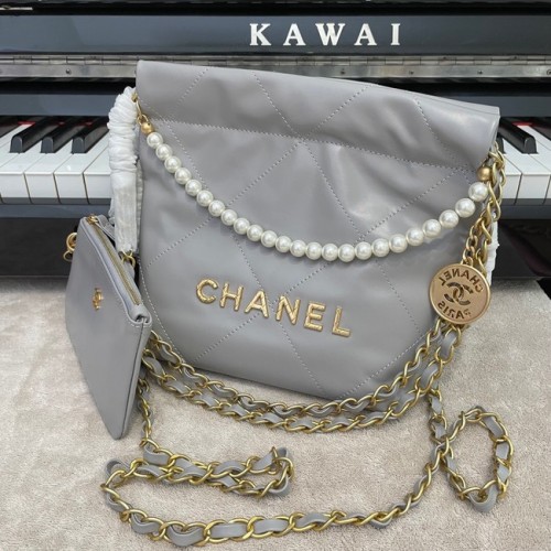 Чанта Chanel Mini 22, метална, телешка кожа, златисто-кафява, AS3989, сива