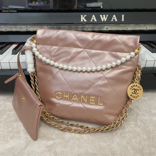 Чанта Chanel Mini 22, метална, телешка кожа, златиста, метална, AS3989, розова