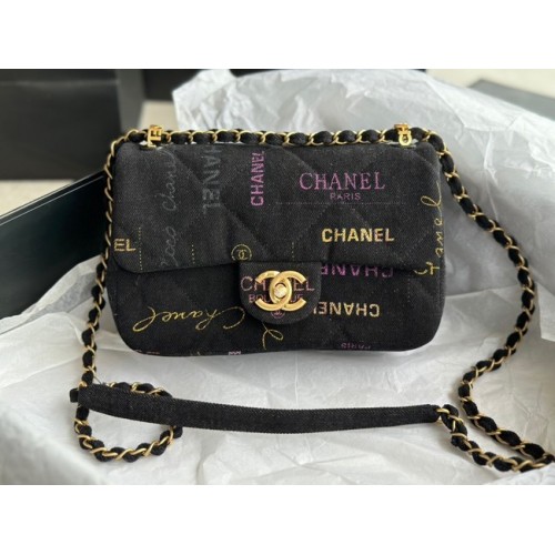 CHANEL Printed Denim Gold-Tone Metal AS3135 черен