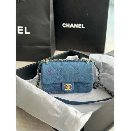 CHANEL Printed Denim Gold-Tone Metal AS3135 син