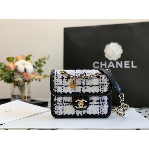 CHANEL Туид Плетена Телешка Кожа Златисто-Тон Метал AS6075 Черен