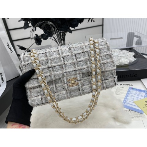 Чанта CHANEL Tweed Braided Sheepskin Gold-Tone Metal AS01112-1 сива
