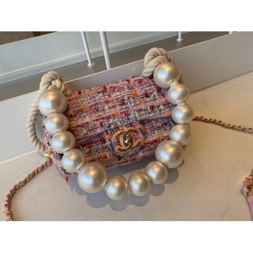 CHANEL Туид Плетена Овча Кожа Златисто-Тон Метален Облекло AS0593 Розов