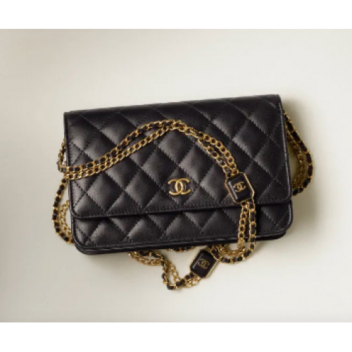 Портфейл Chanel с верижка, агнешка кожа, златист метал, AP2923, черен