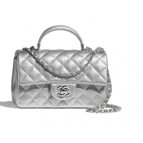 Мини чанта CHANEL с капак и горна дръжка AS2431 Сребриста