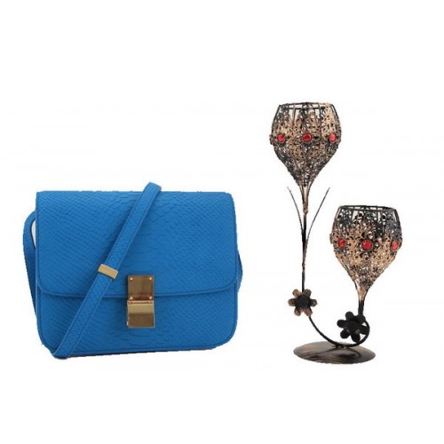 Celine Класическа чанта от малка кожа с капак 11042 синьо