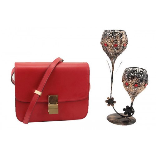 Celine Класическа чанта от малка кожа с капак 11042 червена