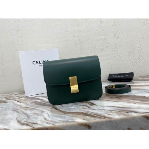 Чанта Celine Classic Box Teen Flap от оригинална телешка кожа 3379 тъмнозелена