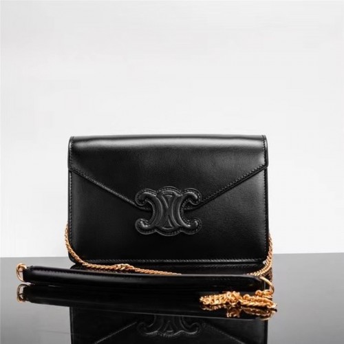 Celine Тийнейджърски чанти с верижка Besace Triomphe от лъскава телешка кожа 10J733 черни