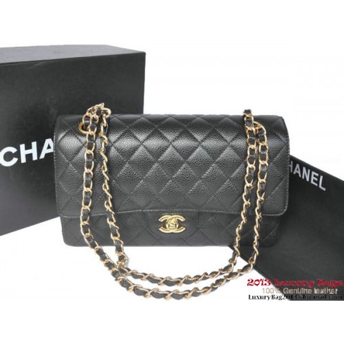 Чанта Chanel 2.55 Classic Flap, черна, оригинална, от хайвер, кожа, злато