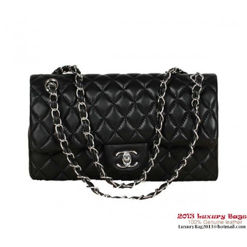 Чанта Chanel 2.55 Series, черна, от овча кожа, 1112, сребриста