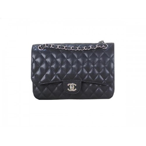 Чанта Chanel 2.55 Series Classic Flap 1112 Черна Оригинална Кожена Сребърна