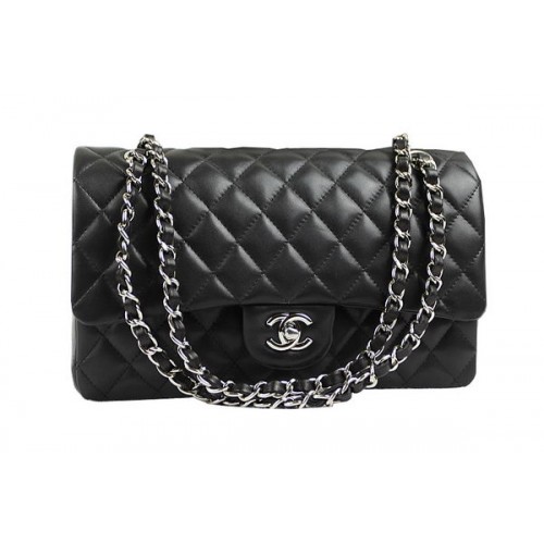 Чанта Chanel 2.55 Series Classic Flap 1112 Черна Оригинална Овча Кожа Сребърна