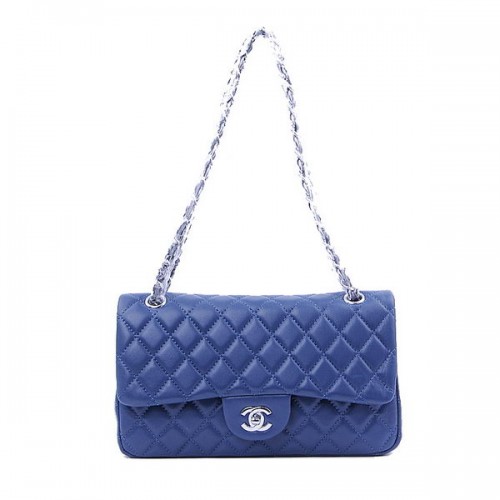Чанта Chanel 2.55 Series Classic Flap 1112 Royal Blue, овча кожа, сребриста