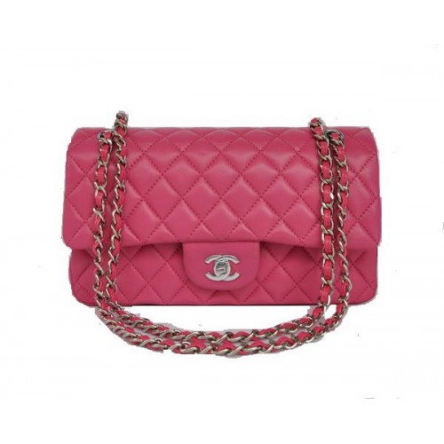 Евтина чанта Chanel 2.55 Series Flap 1112 от розова овча кожа със сребърен обков