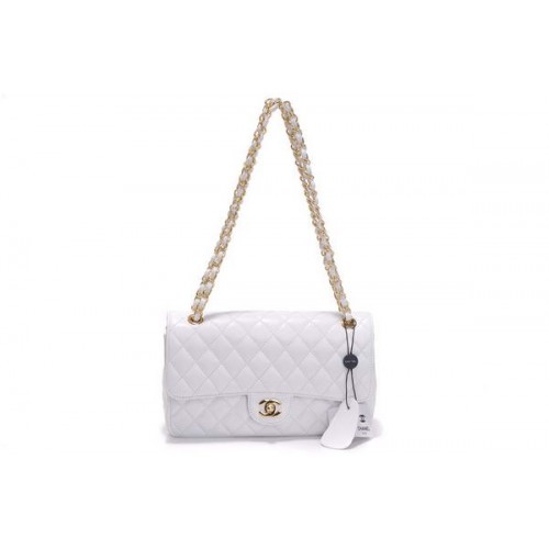 Евтина чанта Chanel 2.55 Series Flap 1112 бяла лачена кожа със златен обков