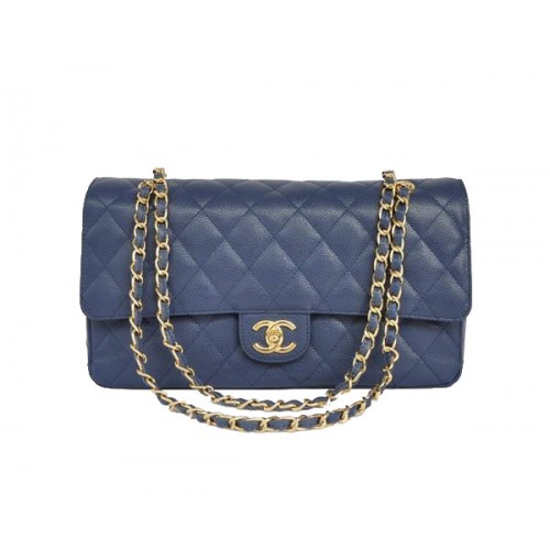Евтина чанта Chanel 2.55 Series Flap 1113 Синя кожа със златен обков