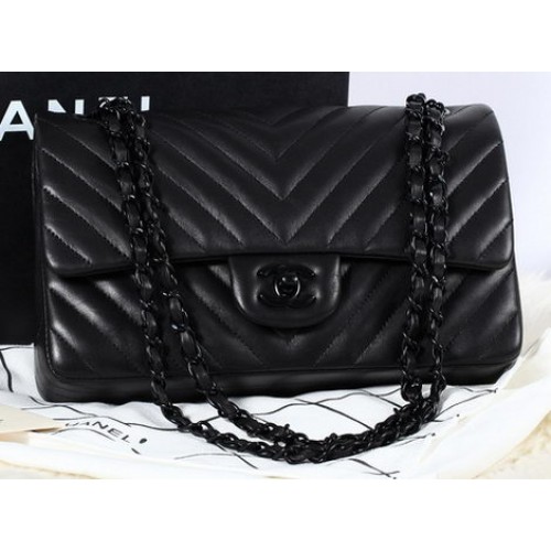 Чанта Chanel 2.55 Series Flap, овча кожа, шеврон, капитонирана A1112, черна