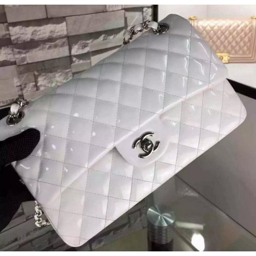 Чанта Chanel 2.55 Series с двоен капак, бяла, оригинална лачена кожа CF7024, сребриста