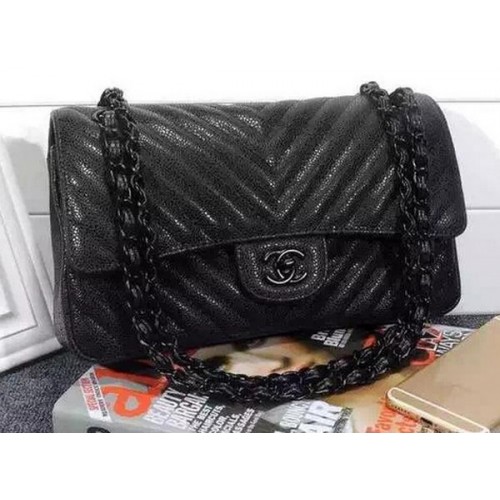Чанта с капак Chanel серия 2.55, черна, с шарка Cannage Chevron, кожена A1112V, черна