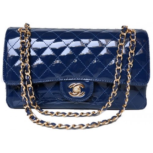 Чанта Chanel 2.55 Series Flap, синя, лакирана кожа A1112, златиста