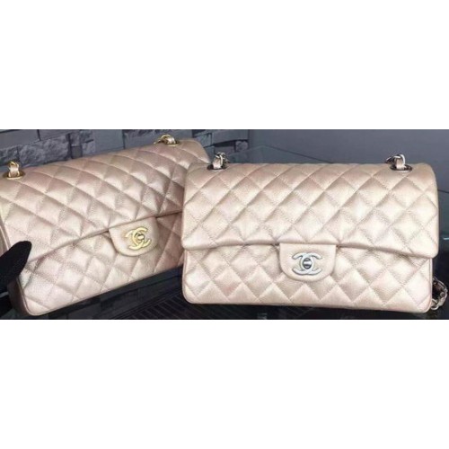 Чанта Chanel 2.55 Series Flap, цвят шампанско, кожа Cavier A05480, сребриста