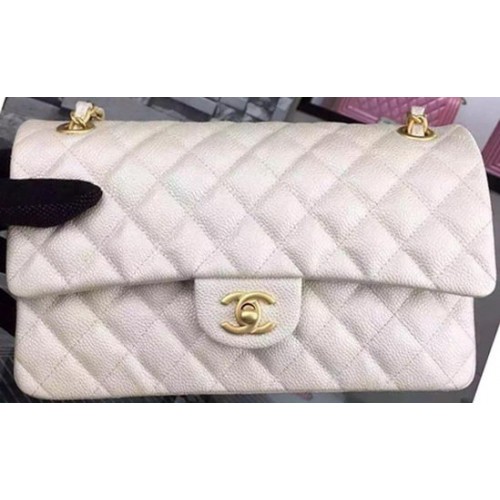 Чанта Chanel 2.55 Series Flap, бяла, Cavier Leather A05480, златиста