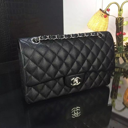 Чанта Chanel 2.55 Series Flap, оригинална, от агнешка кожа, черна, сребриста, 1112