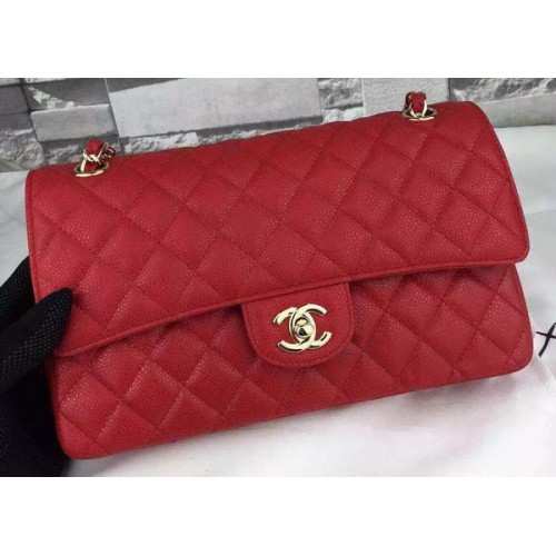 Чанта Chanel 2.55 Series Flap, червена, кожена, с шарка Cannage CF8024, златна
