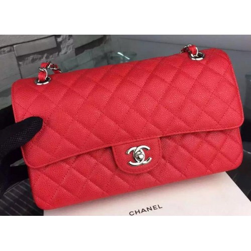 Чанта Chanel 2.55 Series Flap, червена, с шарка Cannage, кожена, CF8024, сребриста