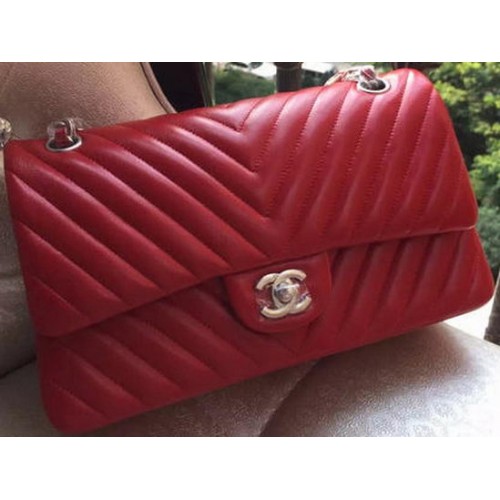 Чанта Chanel 2.55 Series Flap от червена агнешка кожа Chevron A01112 Златно/Сребърно