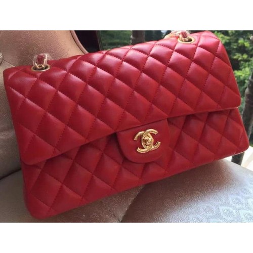 Чанта Chanel 2.55 Series Flap, червена, оригинална кожа A01112, златиста