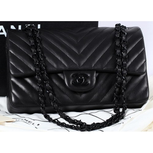 Чанта Chanel 2.55 Series Flap от овча кожа Chevron A1112 черна