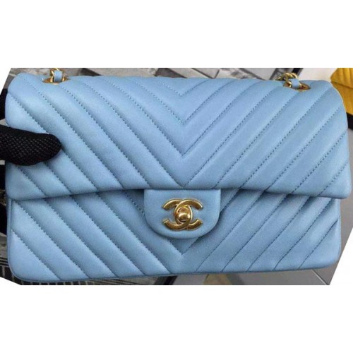 Чанта Chanel 2.55 Series Flap, небесносиня, агнешка кожа Chevron, A5023, златиста