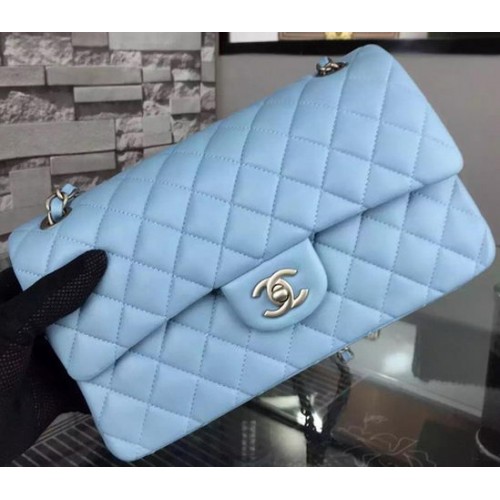 Чанта Chanel 2.55 Series Flap, небесносиня, от овча кожа, A06375, сребриста