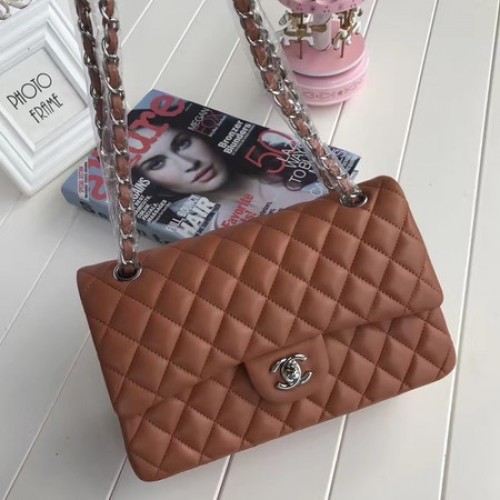 Чанти Chanel 2.55 Series Flap, кафяви, оригинални, от овча кожа, A1112, сребристи