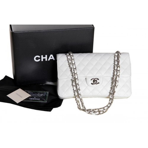 Чанта с капак Chanel A1112 серия 2.55, оригинална, от хайвер кожа, бяла