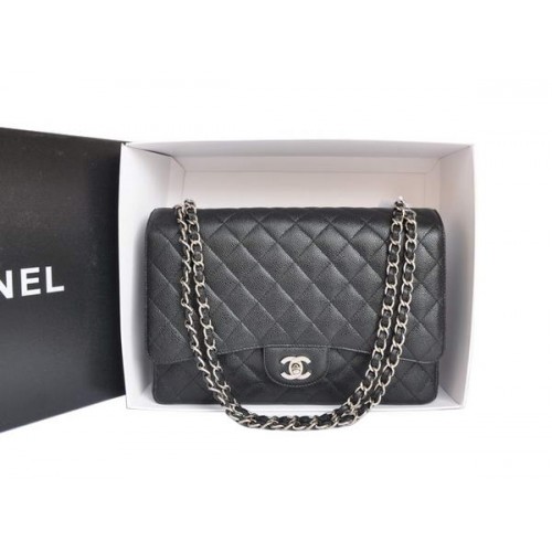 Чанта Chanel A47600 с черна оригинална хайвер кожа Jumbo Flap, сребриста