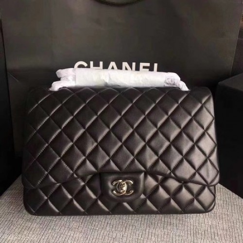 Чанта Chanel Maxi Quilted Classic Flap от черна овча кожа A58601 сребриста