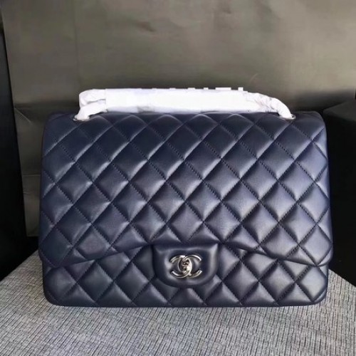 Chanel Maxi Quilted Classic Flap Bag Синя овча кожа A58601 Сребриста