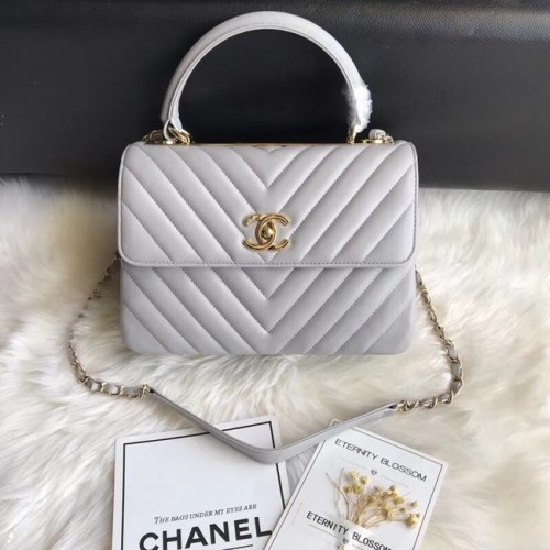 Оригинална чанта Chanel CC с капак от агнешка кожа с горна дръжка 92236V със сиво-златна катарама