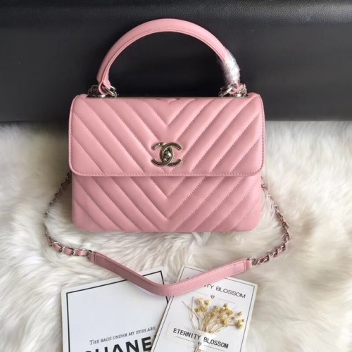 Оригинална чанта Chanel CC с капак от агнешка кожа с горна дръжка 92236V, розова и сребърна катарама