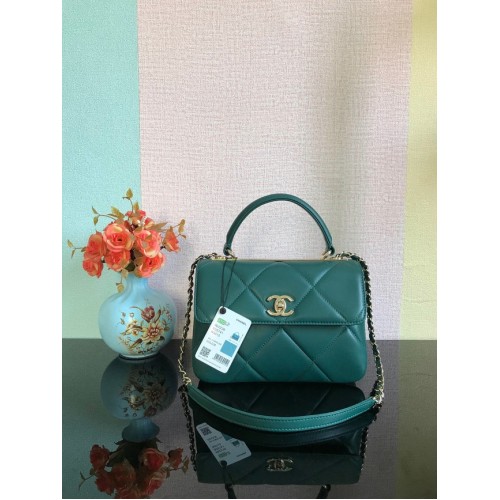 Оригинална чанта Chanel CC с капак от агнешка кожа с горна дръжка A92236, тъмнозелен и златист метал