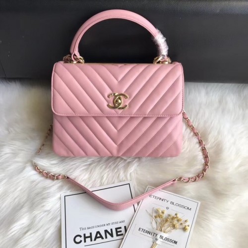 Оригинална чанта Chanel CC с капак от агнешка кожа с горна дръжка A92236V и розова златна катарама