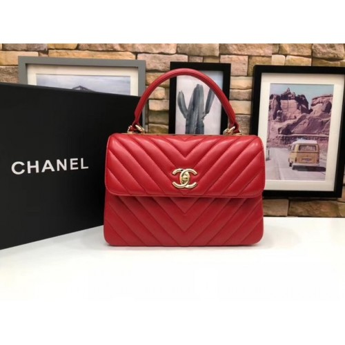 Оригинална чанта Chanel CC с капак от агнешка кожа с горна дръжка V92236, червено и златисто-метална