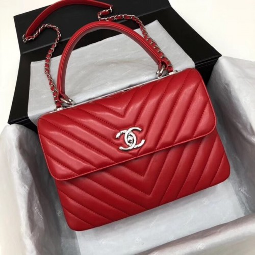 Оригинална чанта Chanel CC с капак от агнешка кожа V92236, червено и сребристо, метална
