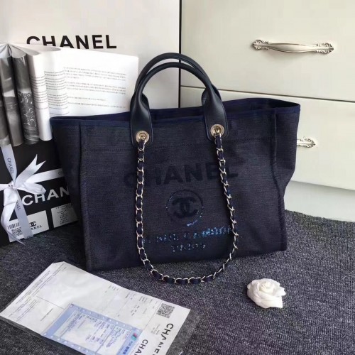 Пазарска чанта Chanel Canvas от естествена кожа, тъмносиня A1679