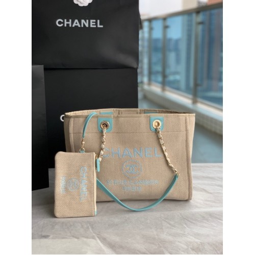 Пазарска чанта Chanel Canvas 67001 Бежово и небесно синьо