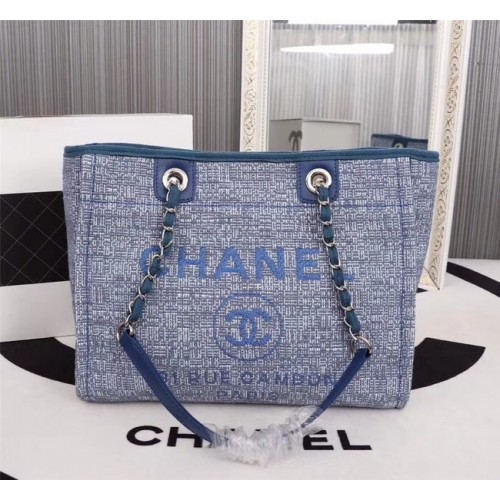 Пазарска чанта Chanel от плат, телешка кожа, сребрист метал A23556, синя