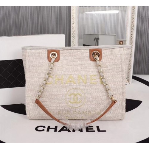 Пазарска чанта Chanel от плат, телешка кожа, сребрист метал, A23556, кремава